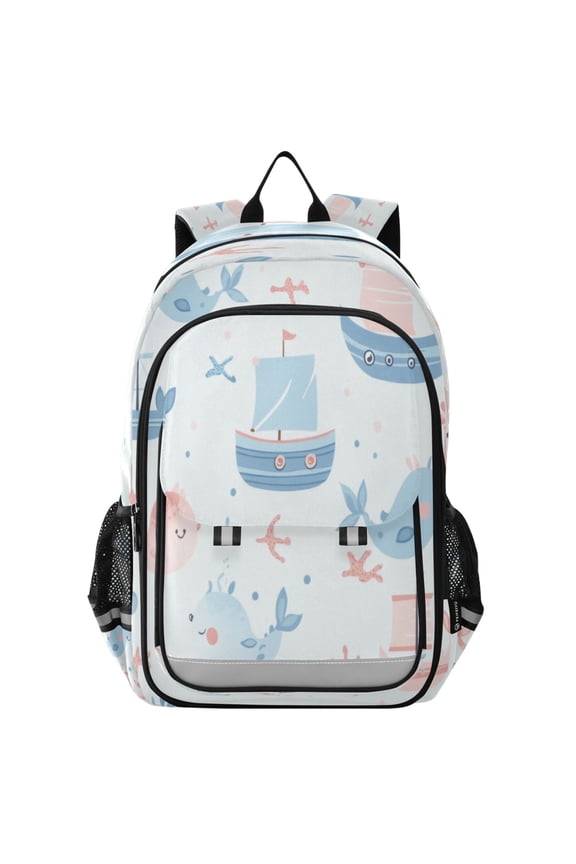 Flip-Top Backpack 17L Capacity Lightweight Bookpack Reflective Safety Strips & Adjustable Chest Strap Pastel Blue Sea Animals