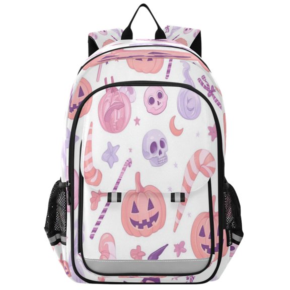 Flip-Top Backpack 17L Capacity Lightweight Bookpack Reflective Safety Strips & Adjustable Chest Strap Pastel Pink Halloween Icons