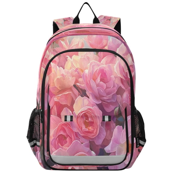 Flip-Top Backpack 17L Capacity Lightweight Bookpack Reflective Safety Strips & Adjustable Chest Strap Pastel Pink Roses