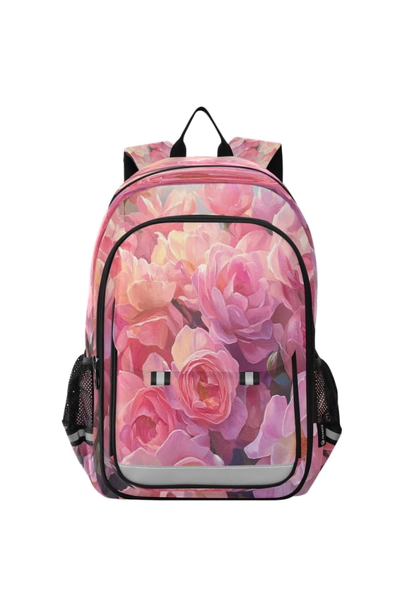 Flip-Top Backpack 17L Capacity Lightweight Bookpack Reflective Safety Strips & Adjustable Chest Strap Pastel Pink Roses