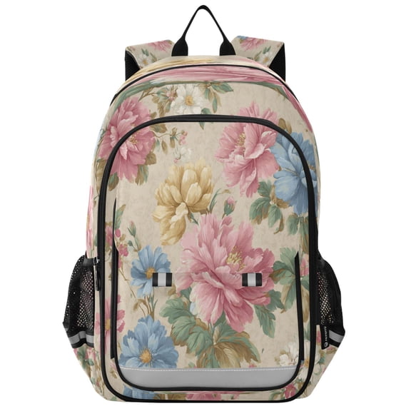 Flip-Top Backpack 17L Capacity Lightweight Bookpack Reflective Safety Strips & Adjustable Chest Strap Pastel Pink and Blue Floral