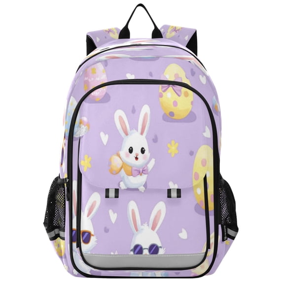 Flip-Top Backpack 17L Capacity Lightweight Bookpack Reflective Safety Strips & Adjustable Chest Strap Pastel Purple Easter Bunnies