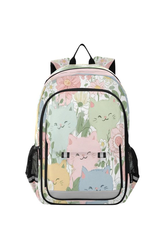 Flip-Top Backpack 17L Capacity Lightweight Bookpack Reflective Safety Strips & Adjustable Chest Strap Pastel-colored Cats and Flowers