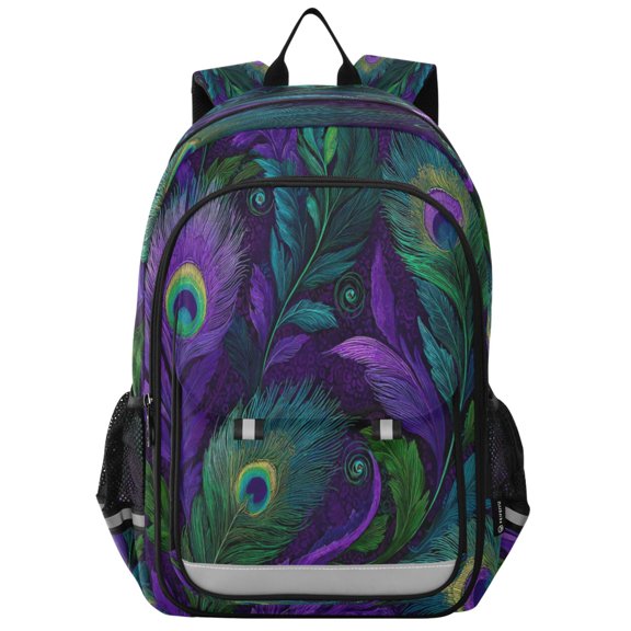 Flip-Top Backpack 17L Capacity Lightweight Bookpack Reflective Safety Strips & Adjustable Chest Strap Peacock Feathers Pattern