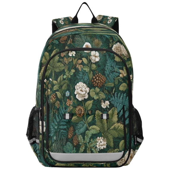Flip-Top Backpack 17L Capacity Lightweight Bookpack Reflective Safety Strips & Adjustable Chest Strap Pine Cones and Mossy Ferns