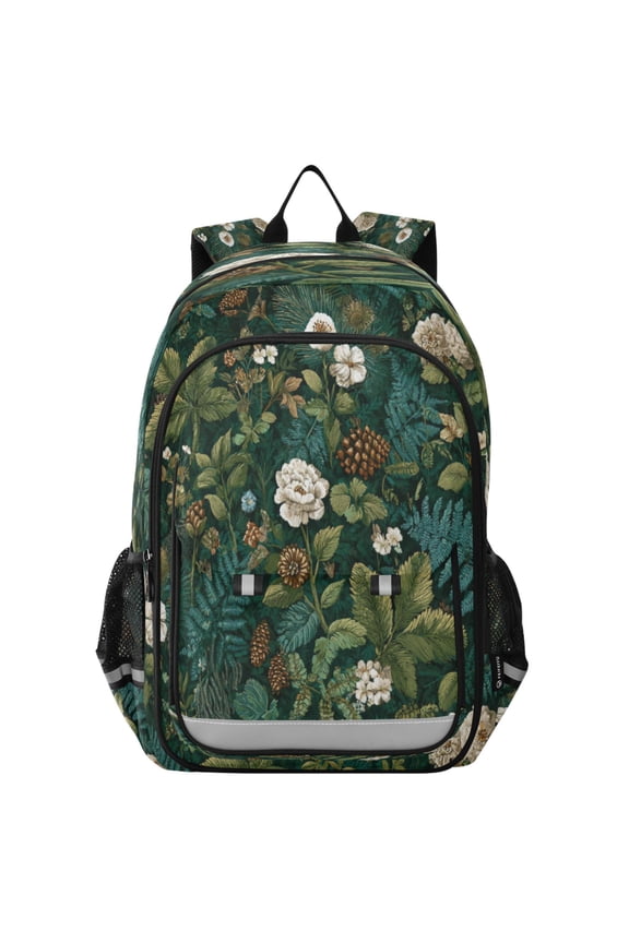 Flip-Top Backpack 17L Capacity Lightweight Bookpack Reflective Safety Strips & Adjustable Chest Strap Pine Cones and Mossy Ferns