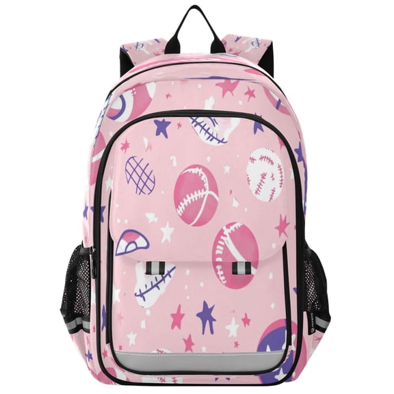 Flip-Top Backpack 17L Capacity Lightweight Bookpack Reflective Safety Strips & Adjustable Chest Strap Pink Basketballs and Footballs