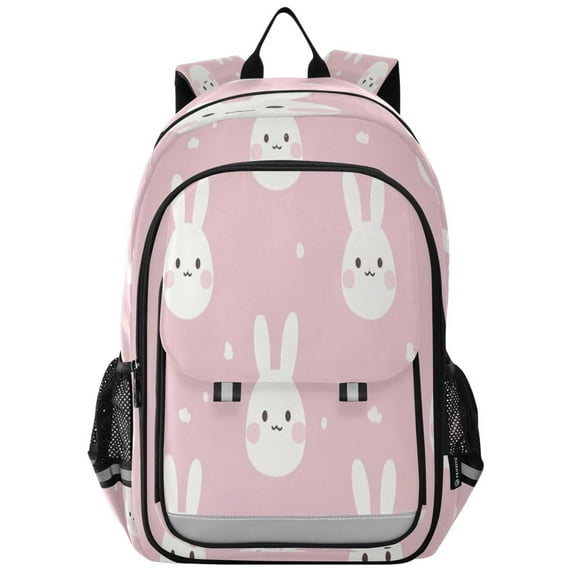 Flip-Top Backpack 17L Capacity Lightweight Bookpack Reflective Safety Strips & Adjustable Chest Strap Pink Cute Bunnies