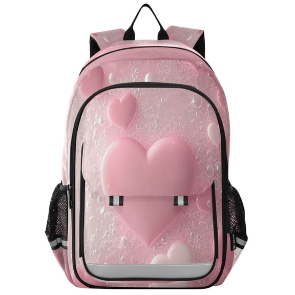 Flip-Top Backpack 17L Capacity Lightweight Bookpack Reflective Safety Strips & Adjustable Chest Strap Pink Heart Bubbles