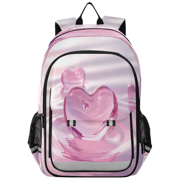 Flip-Top Backpack 17L Capacity Lightweight Bookpack Reflective Safety Strips & Adjustable Chest Strap Pink Heart-shaped Glass