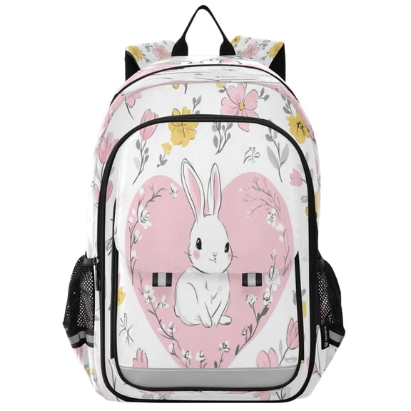 Flip-Top Backpack 17L Capacity Lightweight Bookpack Reflective Safety Strips & Adjustable Chest Strap Pink Heart with White Rabbits
