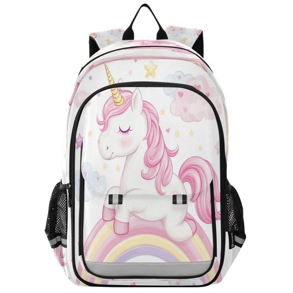 Flip-Top Backpack 17L Capacity Lightweight Bookpack Reflective Safety Strips & Adjustable Chest Strap Pink Mane and Golden Unicorn