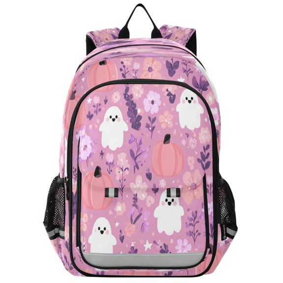 Flip-Top Backpack 17L Capacity Lightweight Bookpack Reflective Safety Strips & Adjustable Chest Strap Pink Pastel Cute Halloween Pattern