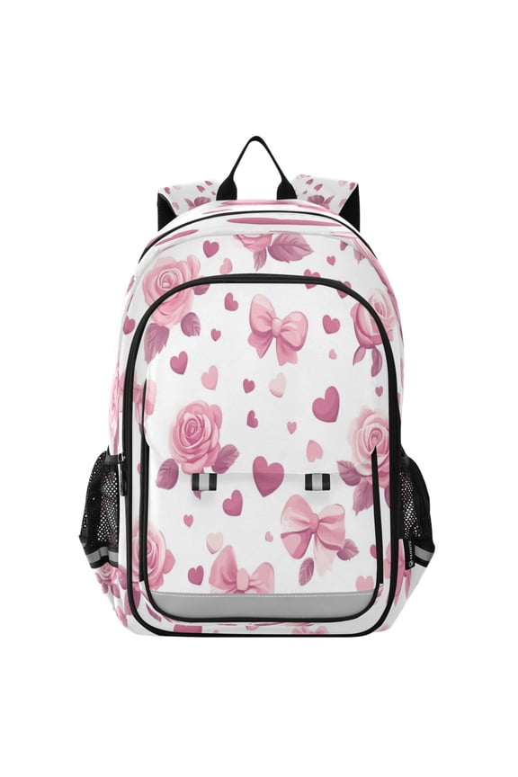 Flip-Top Backpack 17L Capacity Lightweight Bookpack Reflective Safety Strips & Adjustable Chest Strap Pink Roses and Bows