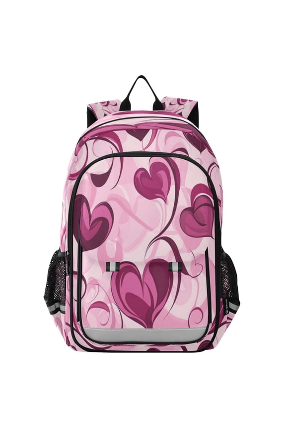 Flip-Top Backpack 17L Capacity Lightweight Bookpack Reflective Safety Strips & Adjustable Chest Strap Pink and Burgundy Hearts