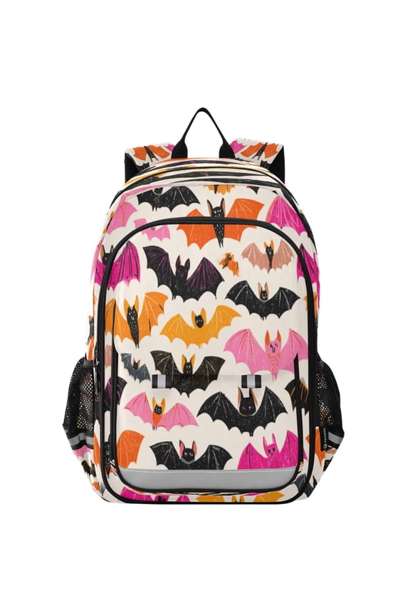 Flip-Top Backpack 17L Capacity Lightweight Bookpack Reflective Safety Strips & Adjustable Chest Strap Pink and Orange Bats
