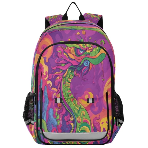 Flip-Top Backpack 17L Capacity Lightweight Bookpack Reflective Safety Strips & Adjustable Chest Strap Psychedelic Cartoon Dragon