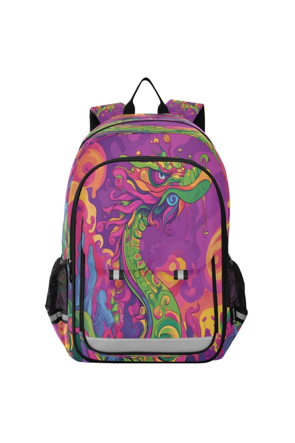 Flip-Top Backpack 17L Capacity Lightweight Bookpack Reflective Safety Strips & Adjustable Chest Strap Psychedelic Cartoon Dragon