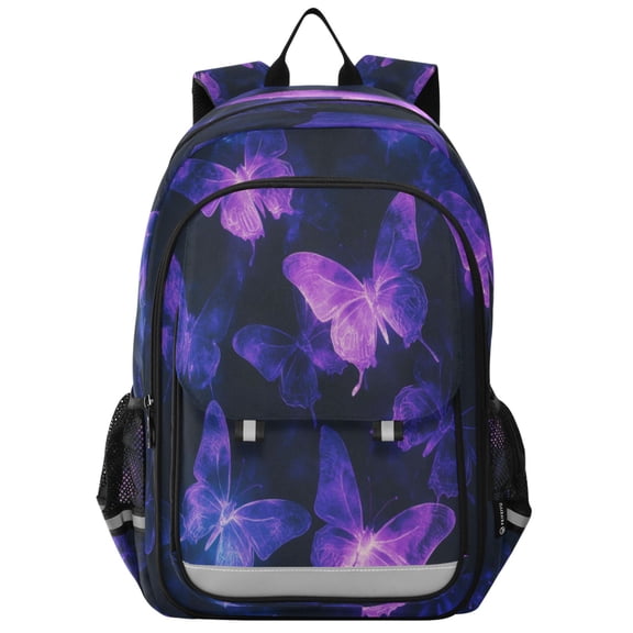 Flip-Top Backpack 17L Capacity Lightweight Bookpack Reflective Safety Strips & Adjustable Chest Strap Purple Glowing Butterflies