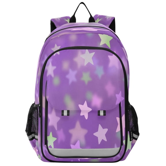 Flip-Top Backpack 17L Capacity Lightweight Bookpack Reflective Safety Strips & Adjustable Chest Strap Purple Stars Pastel Colors