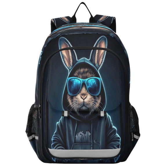 Flip-Top Backpack 17L Capacity Lightweight Bookpack Reflective Safety Strips & Adjustable Chest Strap Rabbit in A Black Hoodie