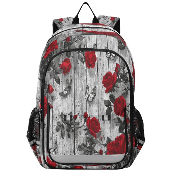 Flip-Top Backpack 17L Capacity Lightweight Bookpack Reflective Safety Strips & Adjustable Chest Strap Red Roses and Butterflies