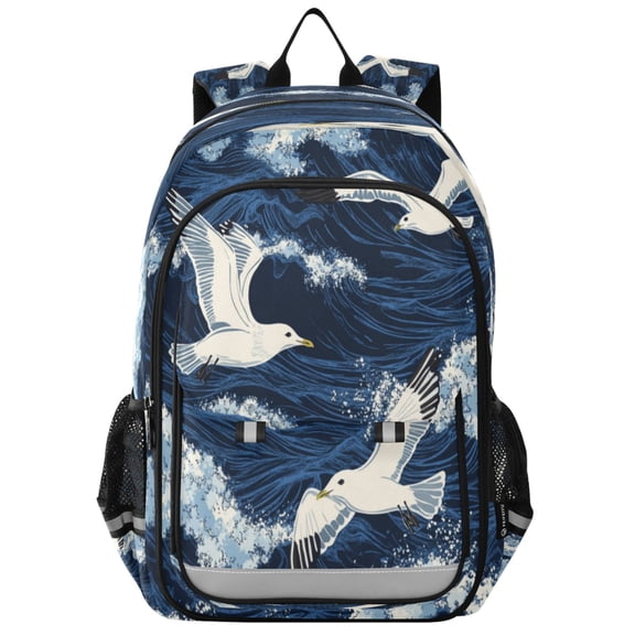 Flip-Top Backpack 17L Capacity Lightweight Bookpack Reflective Safety Strips & Adjustable Chest Strap Seagulls Flying Waves