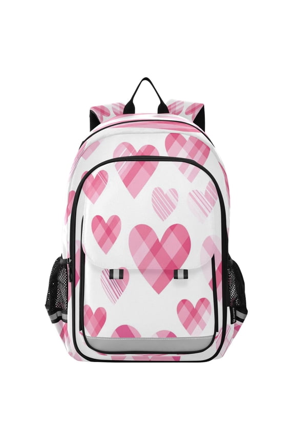 Flip-Top Backpack 17L Capacity Lightweight Bookpack Reflective Safety Strips & Adjustable Chest Strap Seamless Pink Heart Pattern