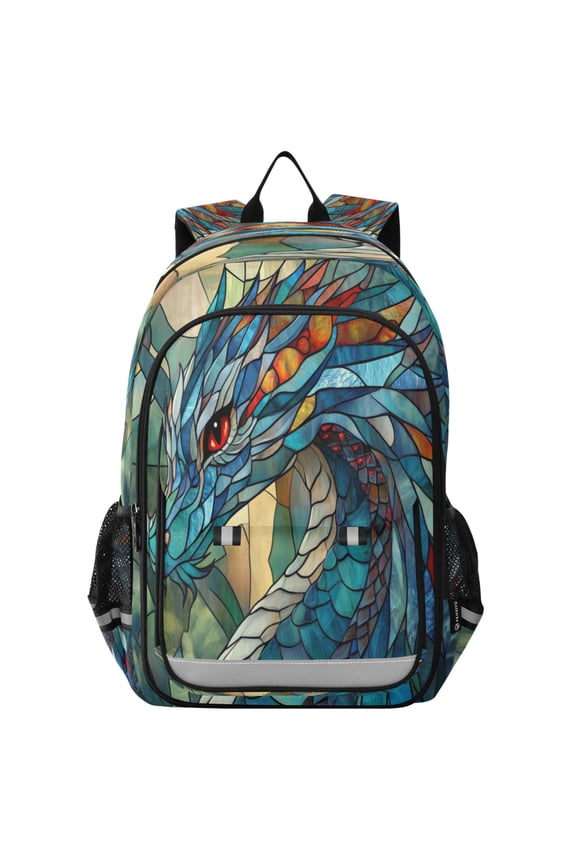 Flip-Top Backpack 17L Capacity Lightweight Bookpack Reflective Safety Strips & Adjustable Chest Strap Stained Glass Dragon
