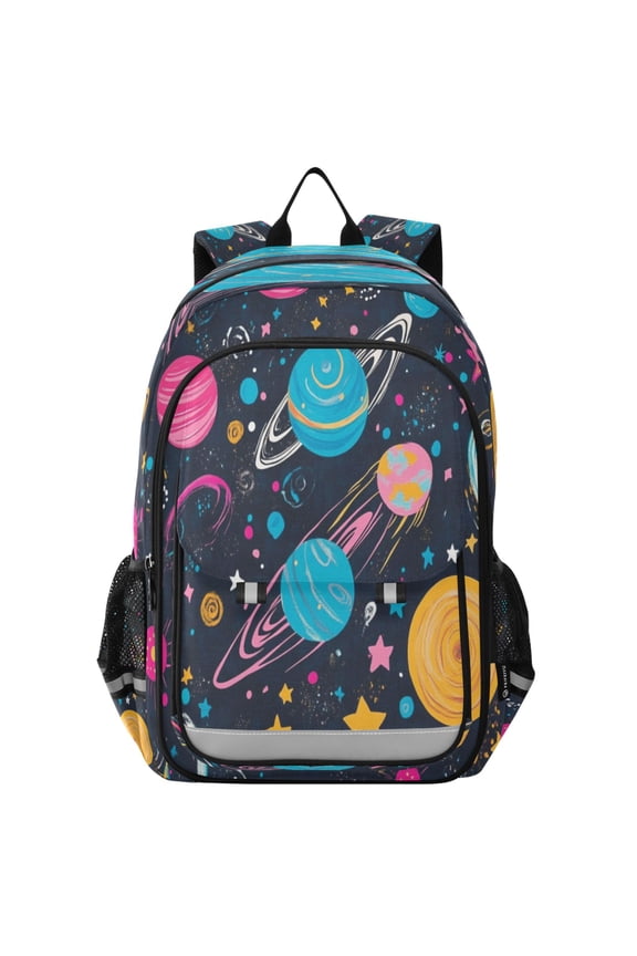 Flip-Top Backpack 17L Capacity Lightweight Bookpack Reflective Safety Strips & Adjustable Chest Strap Stars and Planets Pattern
