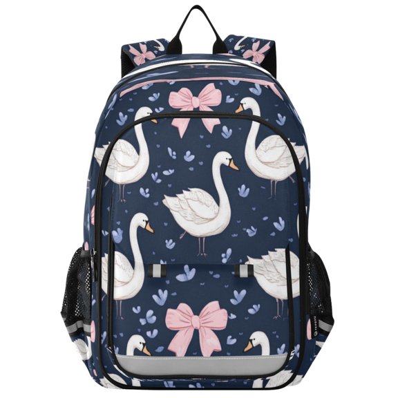 Flip-Top Backpack 17L Capacity Lightweight Bookpack Reflective Safety Strips & Adjustable Chest Strap Swans and Pink Bows