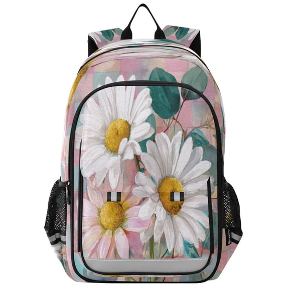 Flip-Top Backpack 17L Capacity Lightweight Bookpack Reflective Safety Strips & Adjustable Chest Strap Three Large White Daisies