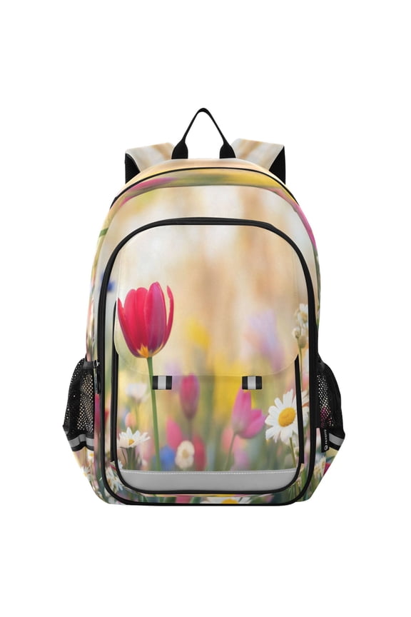 Flip-Top Backpack 17L Capacity Lightweight Bookpack Reflective Safety Strips & Adjustable Chest Strap Vibrant Red Tulips