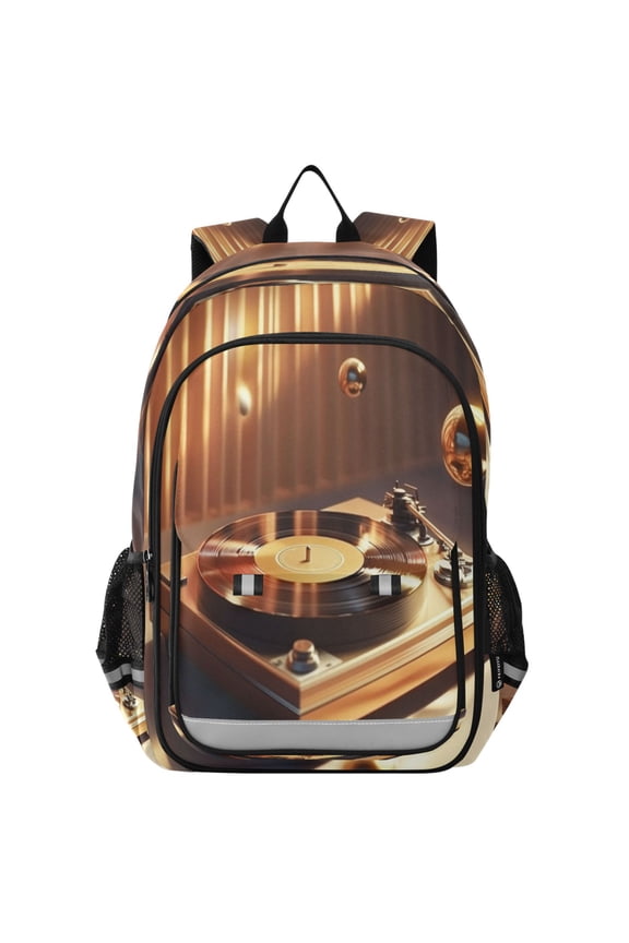 Flip-Top Backpack 17L Capacity Lightweight Bookpack Reflective Safety Strips & Adjustable Chest Strap Vinyl Record Player Pattern