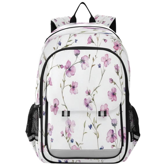 Flip-Top Backpack 17L Capacity Lightweight Bookpack Reflective Safety Strips & Adjustable Chest Strap Watercolor Small Pink Wildflowers