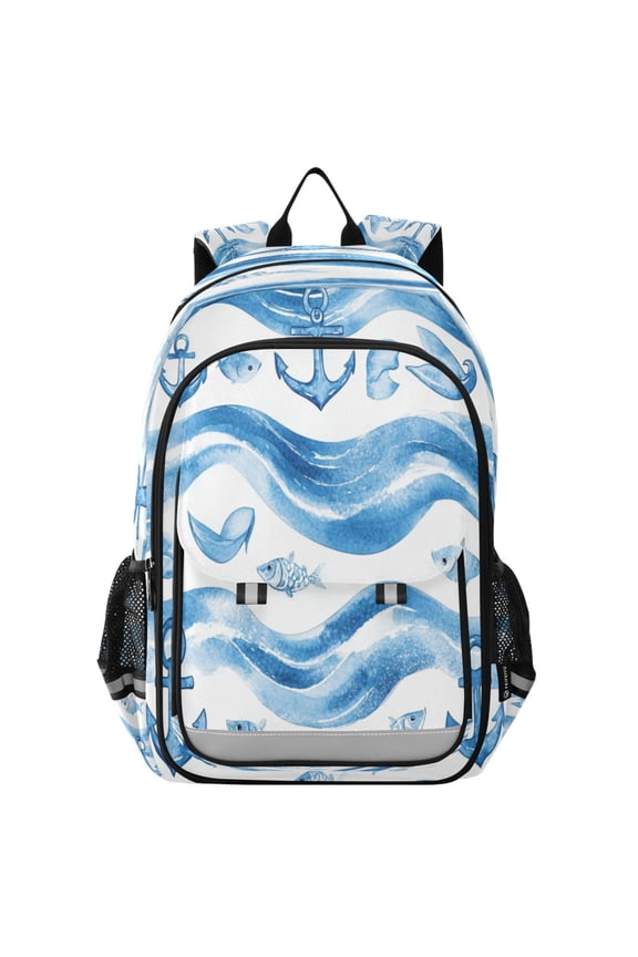 Flip-Top Backpack 17L Capacity Lightweight Bookpack Reflective Safety Strips & Adjustable Chest Strap Wave Lines with Fish