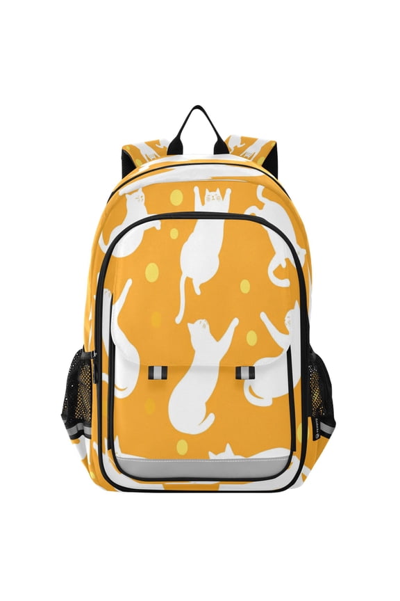 Flip-Top Backpack 17L Capacity Lightweight Bookpack Reflective Safety Strips & Adjustable Chest Strap White Cat Silhouettes