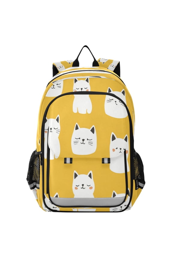 Flip-Top Backpack 17L Capacity Lightweight Bookpack Reflective Safety Strips & Adjustable Chest Strap White Cat with Yellow Background