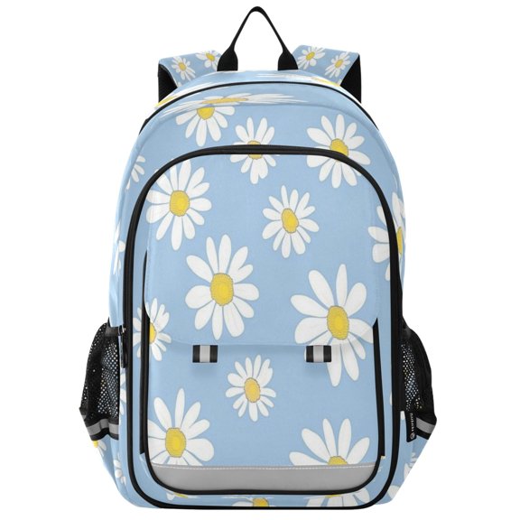 Flip-Top Backpack 17L Capacity Lightweight Bookpack Reflective Safety Strips & Adjustable Chest Strap White Daisies Pattern