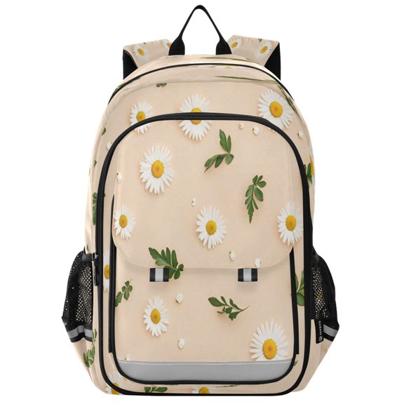 Flip-Top Backpack 17L Capacity Lightweight Bookpack Reflective Safety Strips & Adjustable Chest Strap White Daisy Pattern