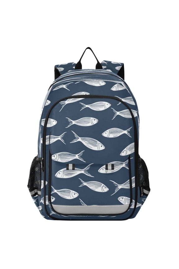 Flip-Top Backpack 17L Capacity Lightweight Bookpack Reflective Safety Strips & Adjustable Chest Strap White Fish