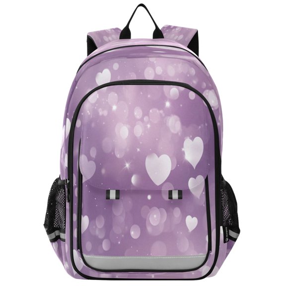 Flip-Top Backpack 17L Capacity Lightweight Bookpack Reflective Safety Strips & Adjustable Chest Strap White Hearts and Bokeh Lights