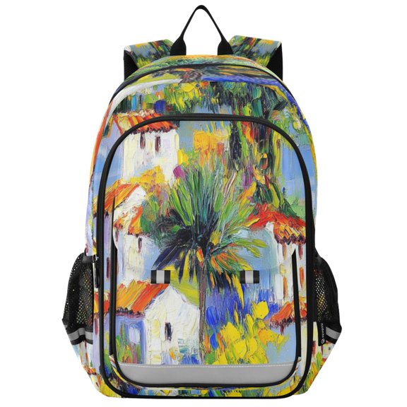 Flip-Top Backpack 17L Capacity Lightweight Bookpack Reflective Safety Strips & Adjustable Chest Strap White Houses with Red Roofs