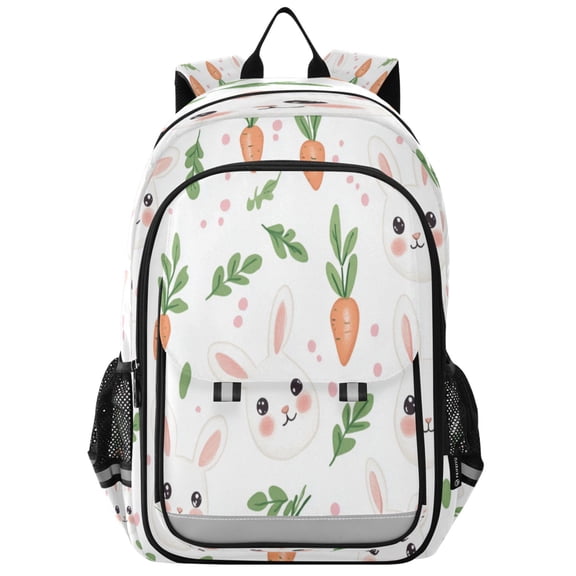 Flip-Top Backpack 17L Capacity Lightweight Bookpack Reflective Safety Strips & Adjustable Chest Strap White Rabbits and Carrots