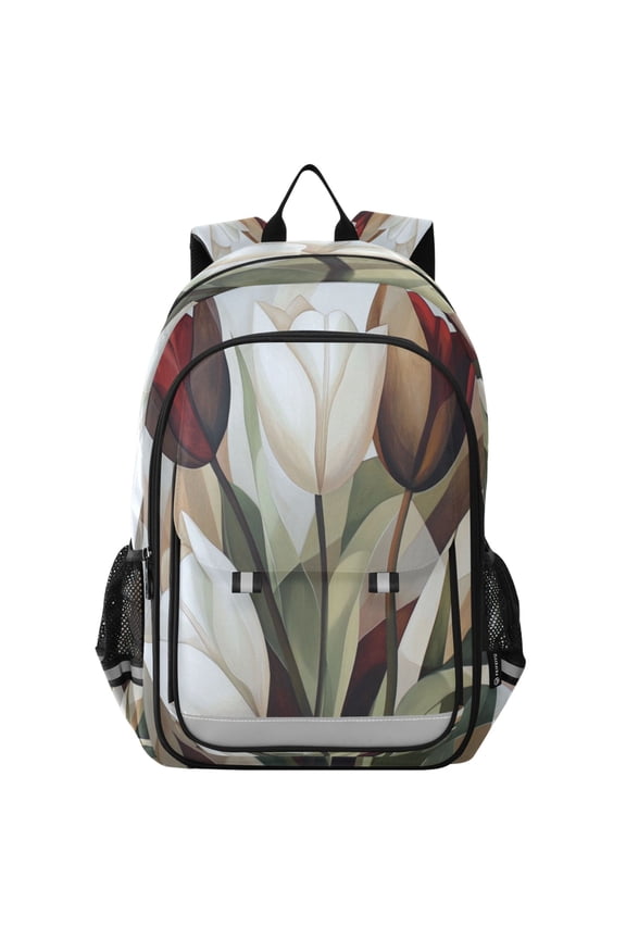 Flip-Top Backpack 17L Capacity Lightweight Bookpack Reflective Safety Strips & Adjustable Chest Strap White Tulips