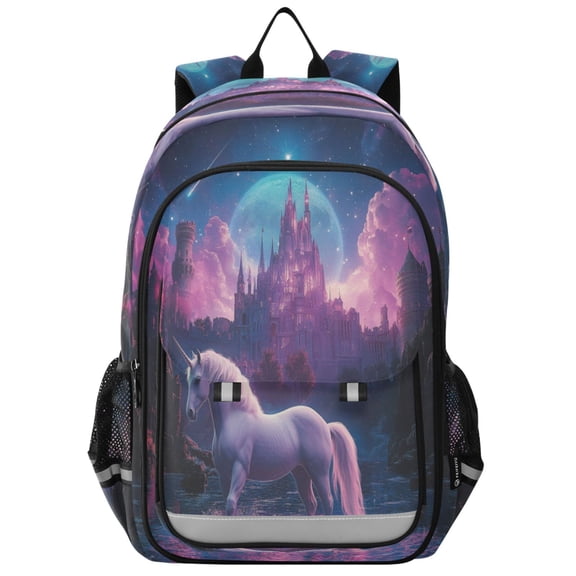 Flip-Top Backpack 17L Capacity Lightweight Bookpack Reflective Safety Strips & Adjustable Chest Strap White Unicorn and Castle
