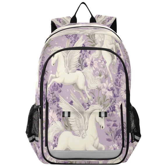 Flip-Top Backpack 17L Capacity Lightweight Bookpack Reflective Safety Strips & Adjustable Chest Strap White Unicorns and Pegasi