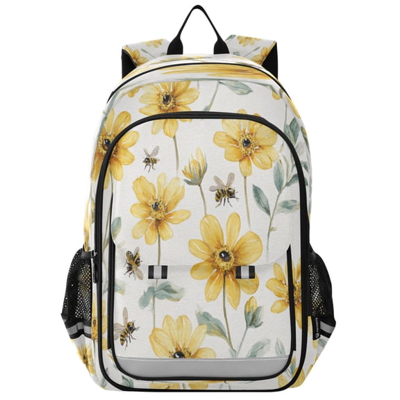 Flip-Top Backpack 17L Capacity Lightweight Bookpack Reflective Safety Strips & Adjustable Chest Strap Yellow Daisies and Bees