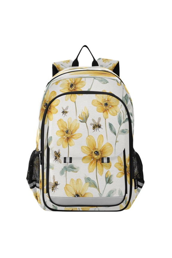 Flip-Top Backpack 17L Capacity Lightweight Bookpack Reflective Safety Strips & Adjustable Chest Strap Yellow Daisies and Bees