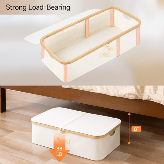 Flip-Top Under Bed Storage Boxes with Bamboo Frame, 2-Pack 42L Containers Cost-Effective Design Organizes Blankets, Bed Sheets, Towels, and Coverlets Neatly